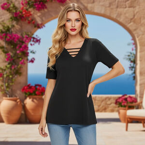 VENUS Medium Black Strappy V-Neck Short Sleeve Top